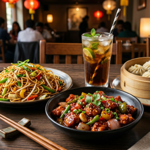 Hakka Chinese Meal- Chilli Chicken, Noodles ,3  Momos + Drink
