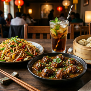 Hakka Chinese Meal- Veg Manchurian, Noodles , 3 Momos + Drink